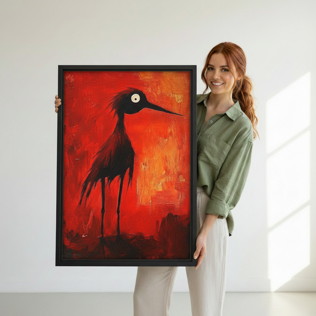 Woman holding expressionist red black bird framed canvas wall art – bold statement print with vivid red background