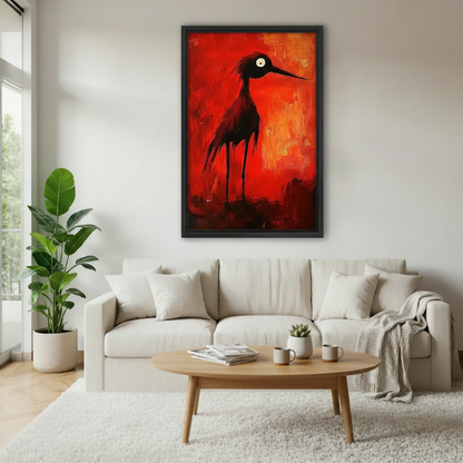 Expressionist red black bird framed canvas wall art in modern living room – dramatic bold statement home decor