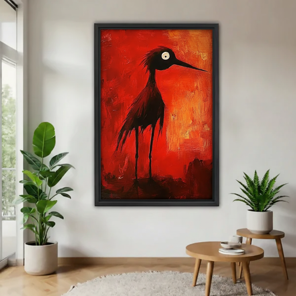 Expressionist red black bird framed canvas wall art – bold dramatic statement print on vivid red background