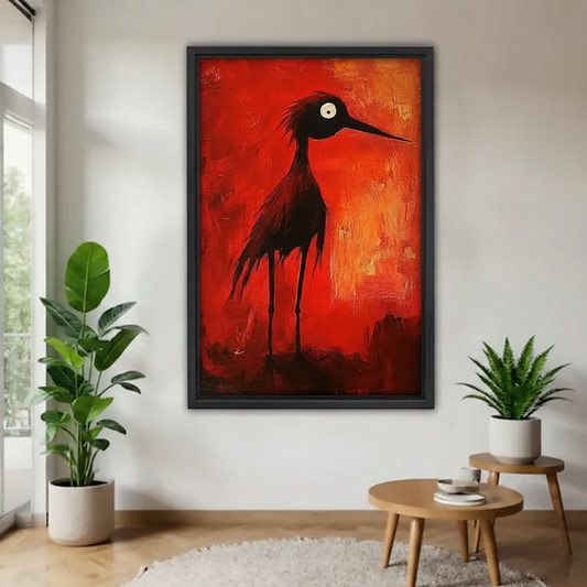 Expressionist red black bird framed canvas wall art – bold dramatic statement print on vivid red background