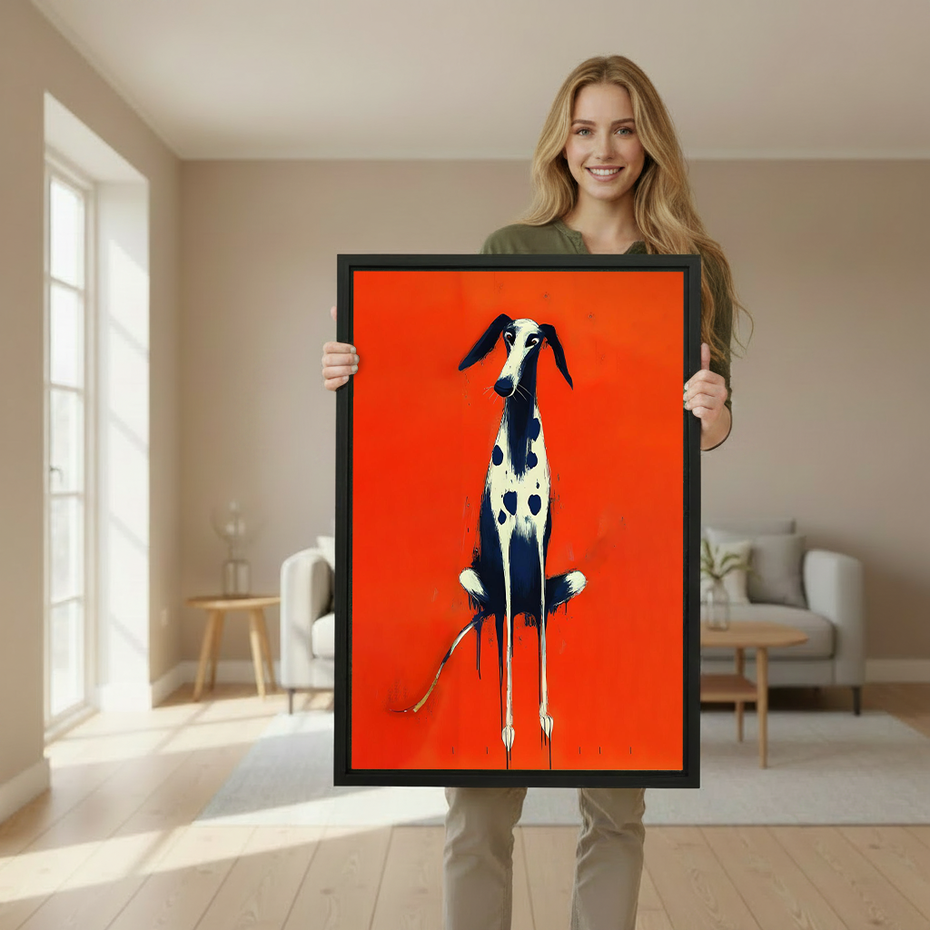 Unframed expressionist spotted dog canvas print with bold red background hung above a navy sofa in a contemporary living room