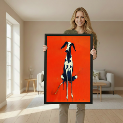 Unframed expressionist spotted dog canvas print with bold red background hung above a navy sofa in a contemporary living room