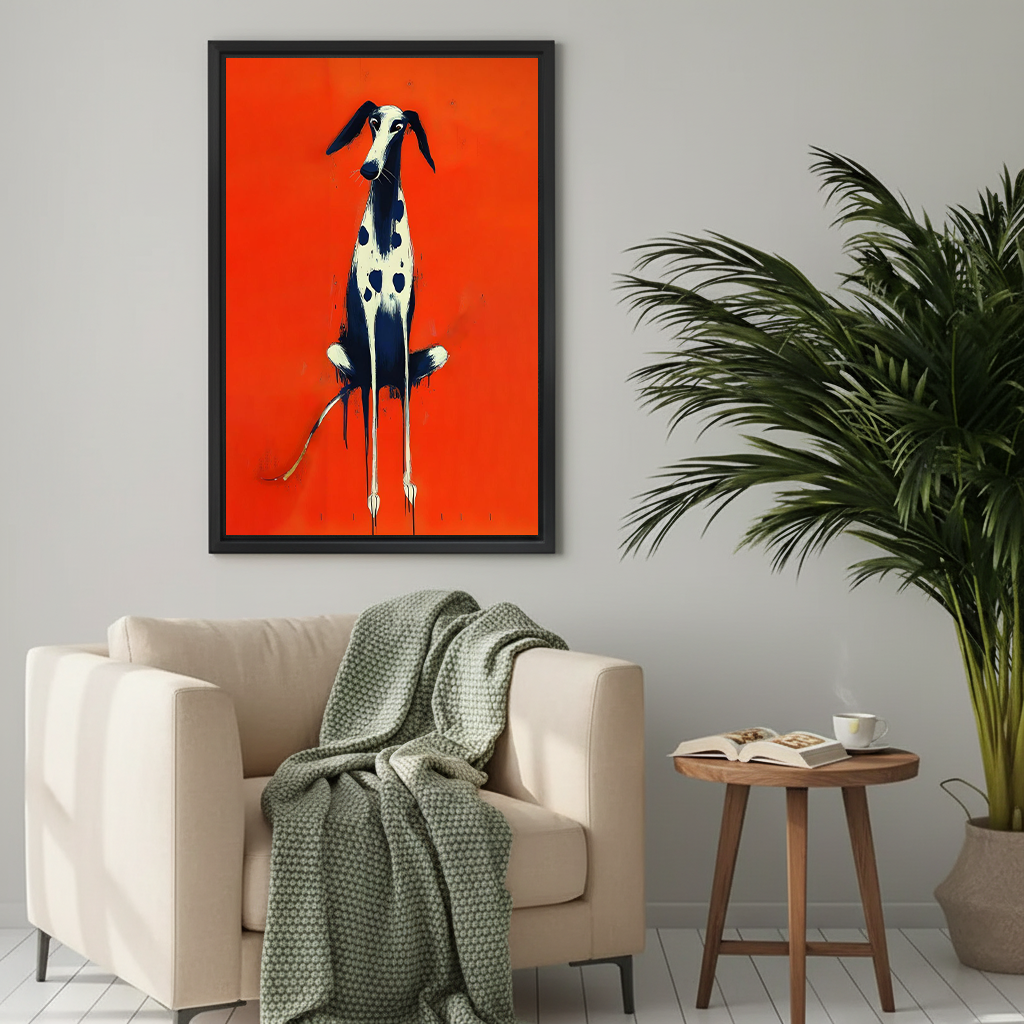 Expressionist spotted dog framed canvas print on a light grey wall above a cream armchair in a cosy neutral living room