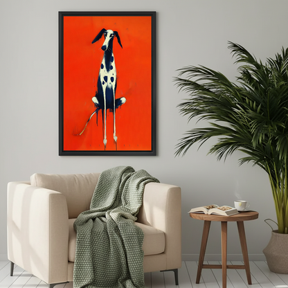 Expressionist spotted dog framed canvas print on a light grey wall above a cream armchair in a cosy neutral living room