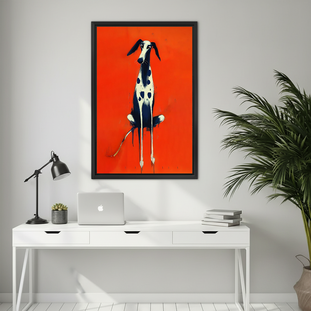 Framed expressionist spotted dog wall art with red background displayed above a white desk in a minimalist home office