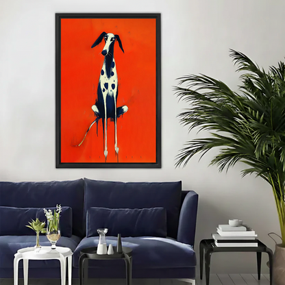 Expressionist spotted dog canvas wall art in black float frame displayed above a navy blue sofa in a modern living room