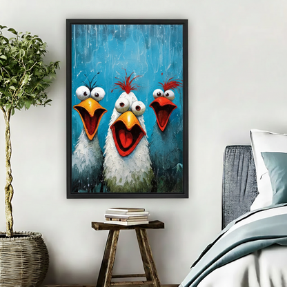 Expressive chicken trio with red crests and bold open beaks, blue impasto oil painting in black frame, hung in a boho bedroom with wicker plant basket