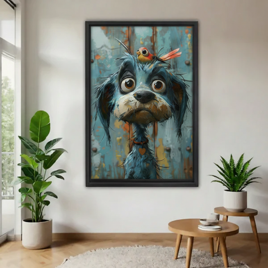 Large black framed canvas of expressive wide-eyed dog with bird companion, centred on white wall flanked by rubber plant and fern in airy entryway