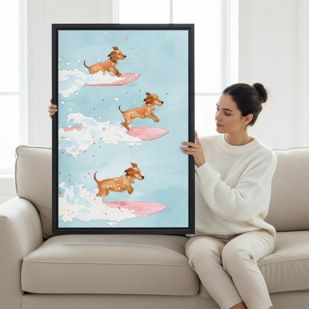 Framed surfing dachshund wall art print, three wiener dogs on pink surfboards, watercolor style, black frame, bedroom decor
