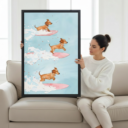 Framed surfing dachshund wall art print, three wiener dogs on pink surfboards, watercolor style, black frame, bedroom decor
