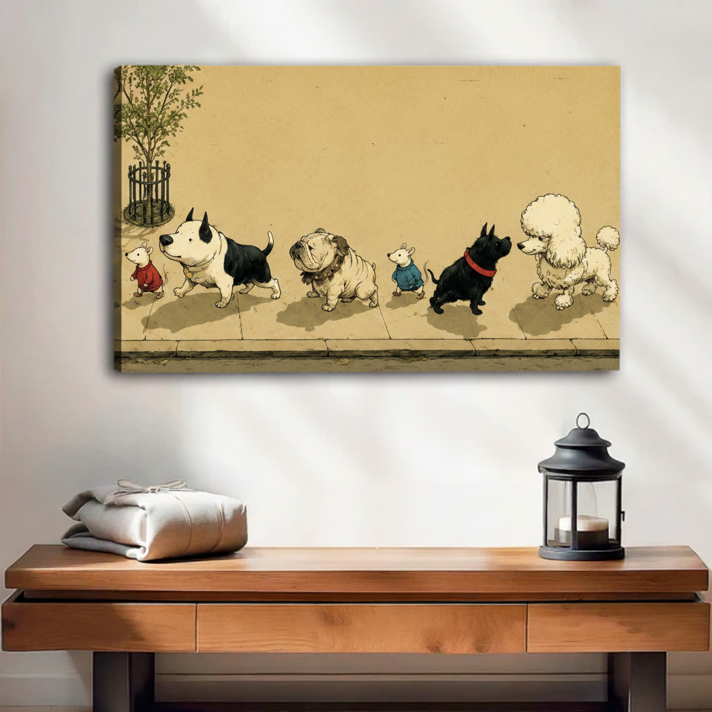 Funny dogs mice single-file street parade vintage gallery wrap canvas print whimsical wall art