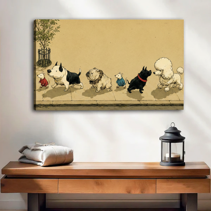 Funny dogs mice single-file street parade vintage gallery wrap canvas print whimsical wall art