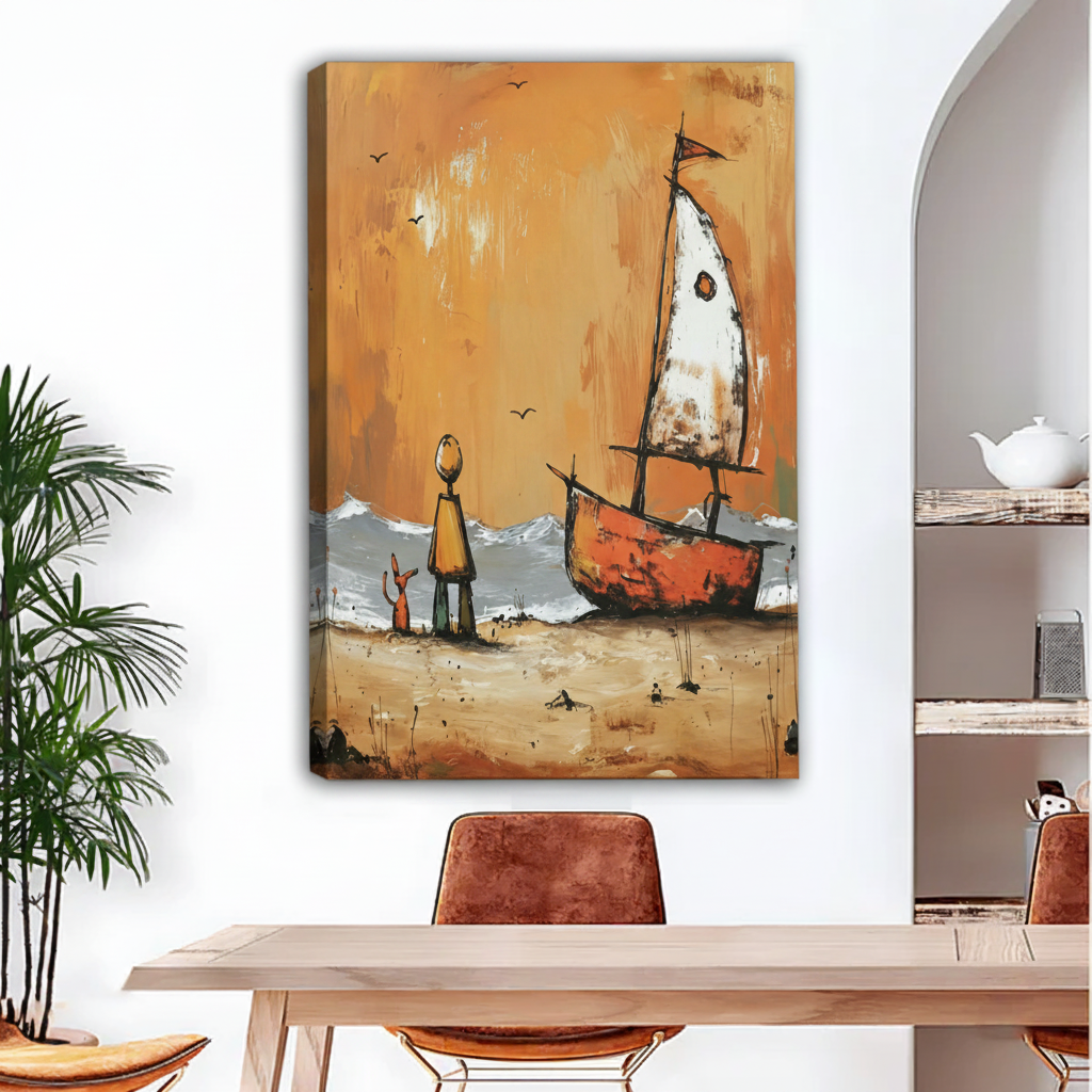 Dog and owner watching sailboat gallery wrap canvas art, frameless rustic coastal illustration, warm amber tones