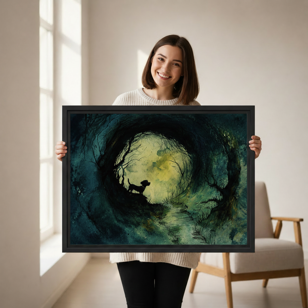 Hand-held dog moonlight dark forest watercolor canvas print, mystical dog silhouette wall art close-up detail shot