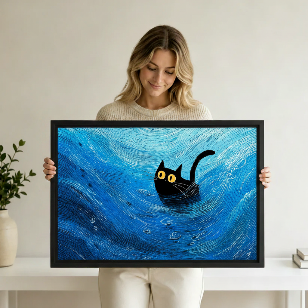 Van Gogh style swirling blue ocean black cat wall art, bold impressionist canvas print