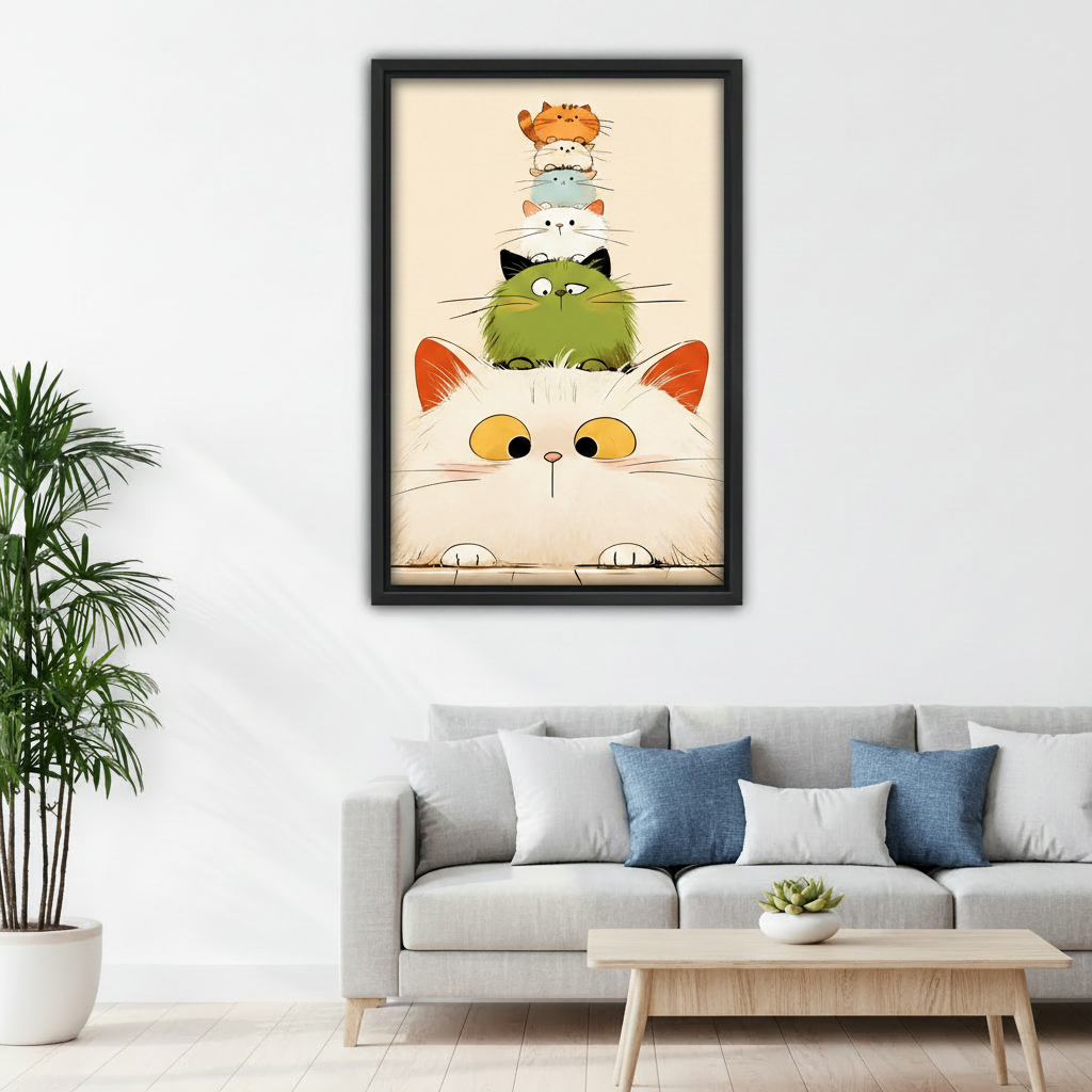 Stacked cats cartoon framed print, bedroom wall decor, cute cat tower art above bed, cozy interior