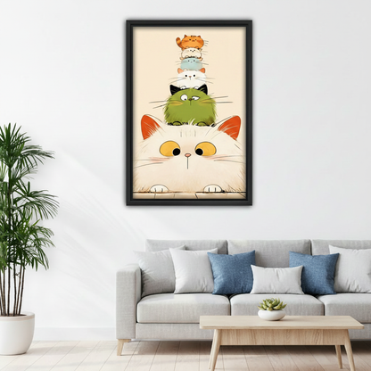 Stacked cats cartoon framed print, bedroom wall decor, cute cat tower art above bed, cozy interior
