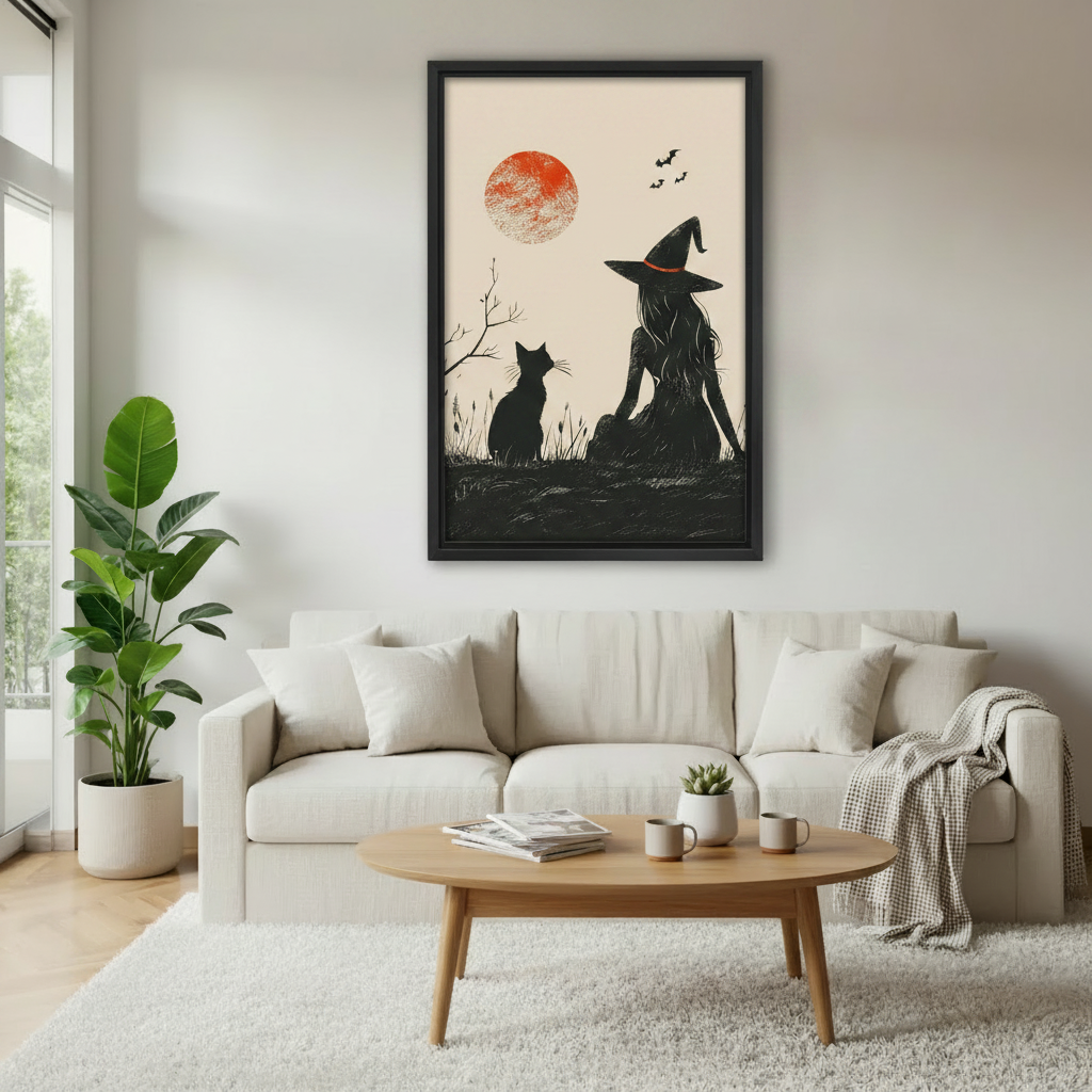 Woman holding Halloween witch black cat silhouette canvas wall art — moody red moon and bats framed print, fall home decor
