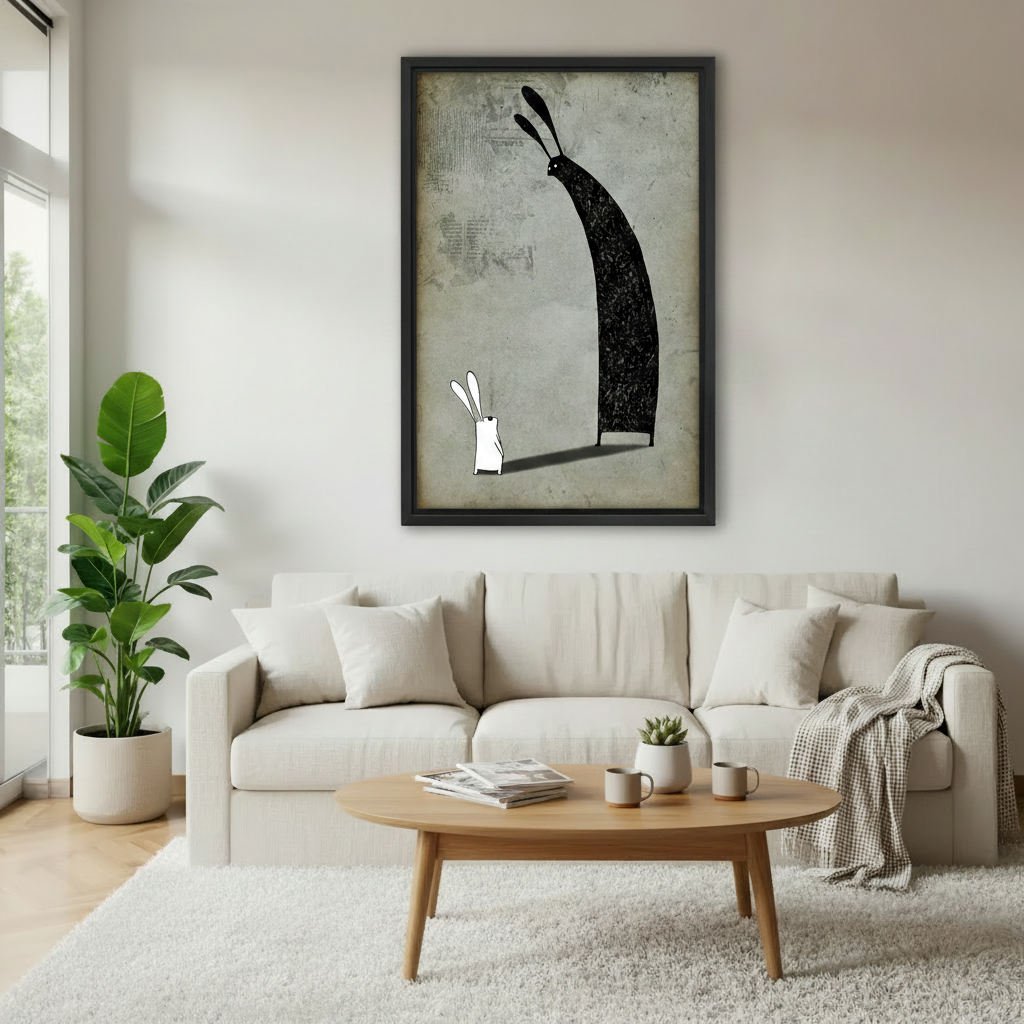 Surreal rabbit and shadow canvas wall art displayed in cozy bedroom — vintage black white philosophical print above bed