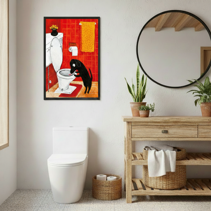Black dog drinking toilet whimsical art print adding humor to cozy bedroom wall decor