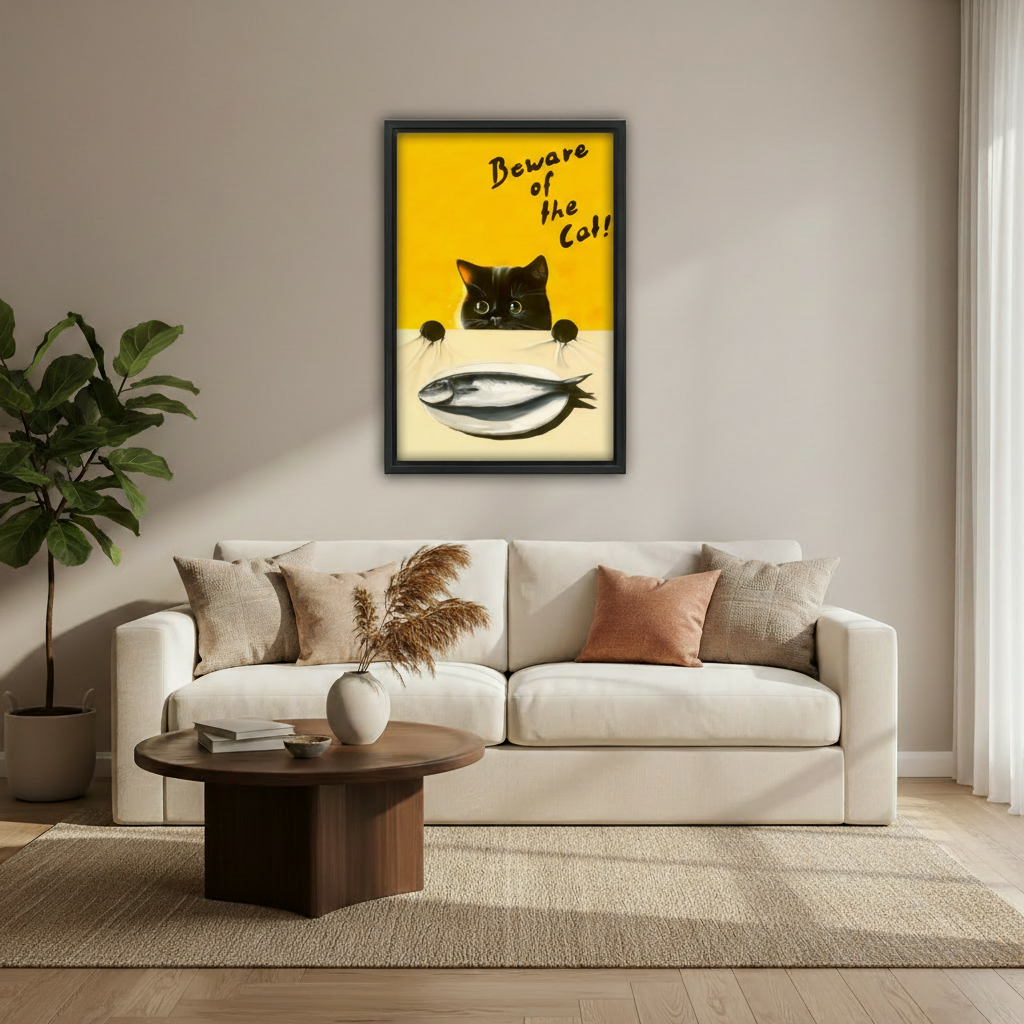 Retro beware of the cat black cat print displayed in home interior, unique cat wall art