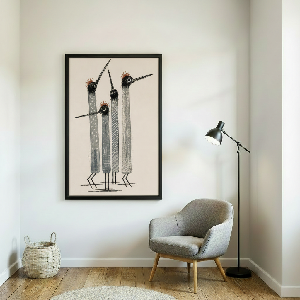 Monochrome bird wall art, minimalist sketch illustration of three abstract birds, neutral home decor