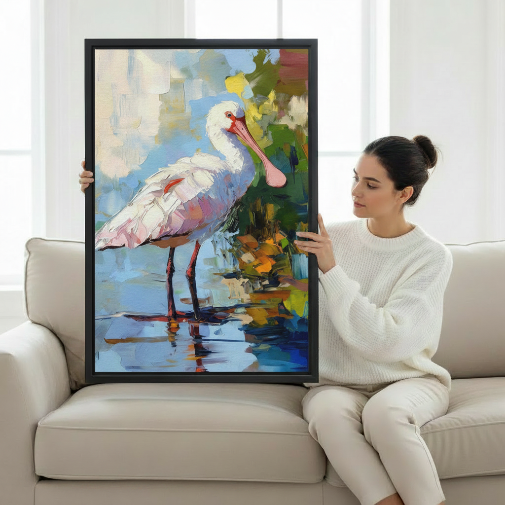 Woman viewing roseate spoonbill bird impasto canvas wall art print beside gray sofa, colorful nature wall decor
