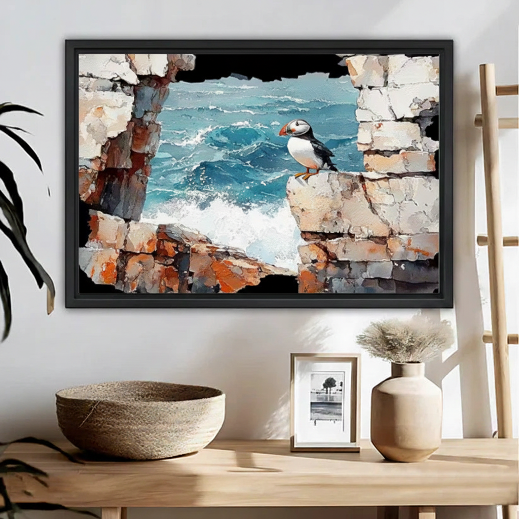 Puffin Coastal Stone Wall Oil Painting Art Print l2009
