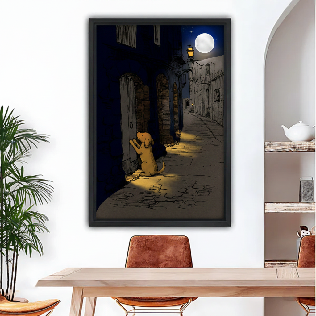 Moonlit alley dog knocking door framed canvas wall art held by woman, golden puppy night scene sketch print, atmospheric dog lover gift