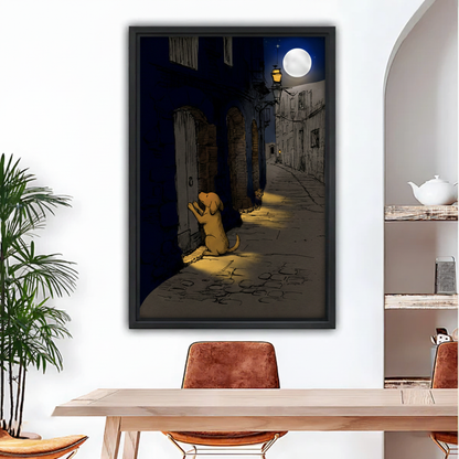 Moonlit alley dog knocking door framed canvas wall art held by woman, golden puppy night scene sketch print, atmospheric dog lover gift