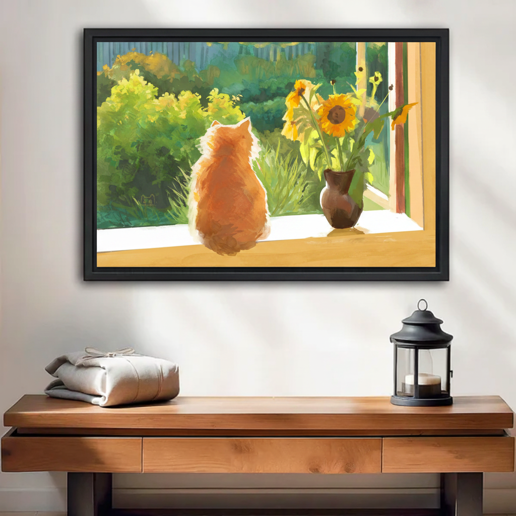 Orange cat sitting by sunny window with sunflowers watercolor canvas print in black floater frame — cozy nature wall art for living room