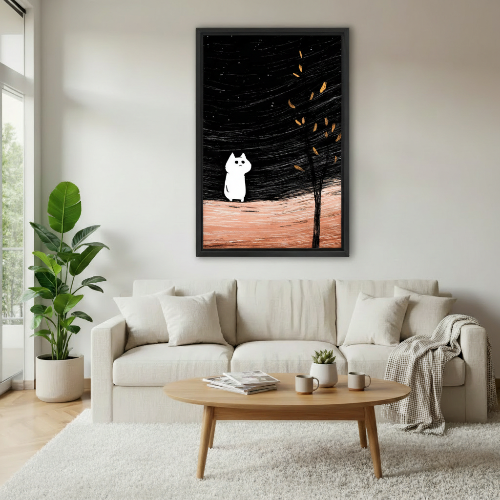 White cat and golden tree under dark night sky framed canvas art in living room — dreamy cat wall decor for cat lovers