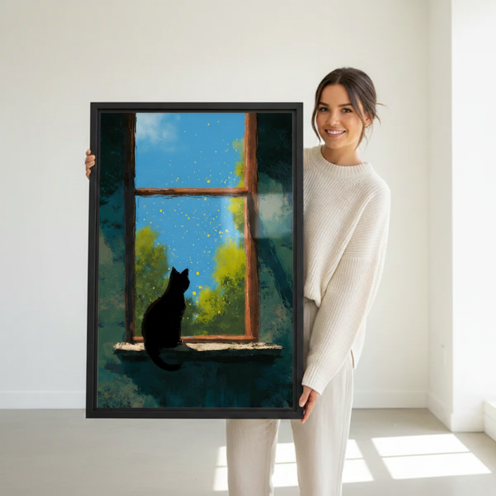 Black Cat Window Starry Night Whimsical Wall Art Print l1987