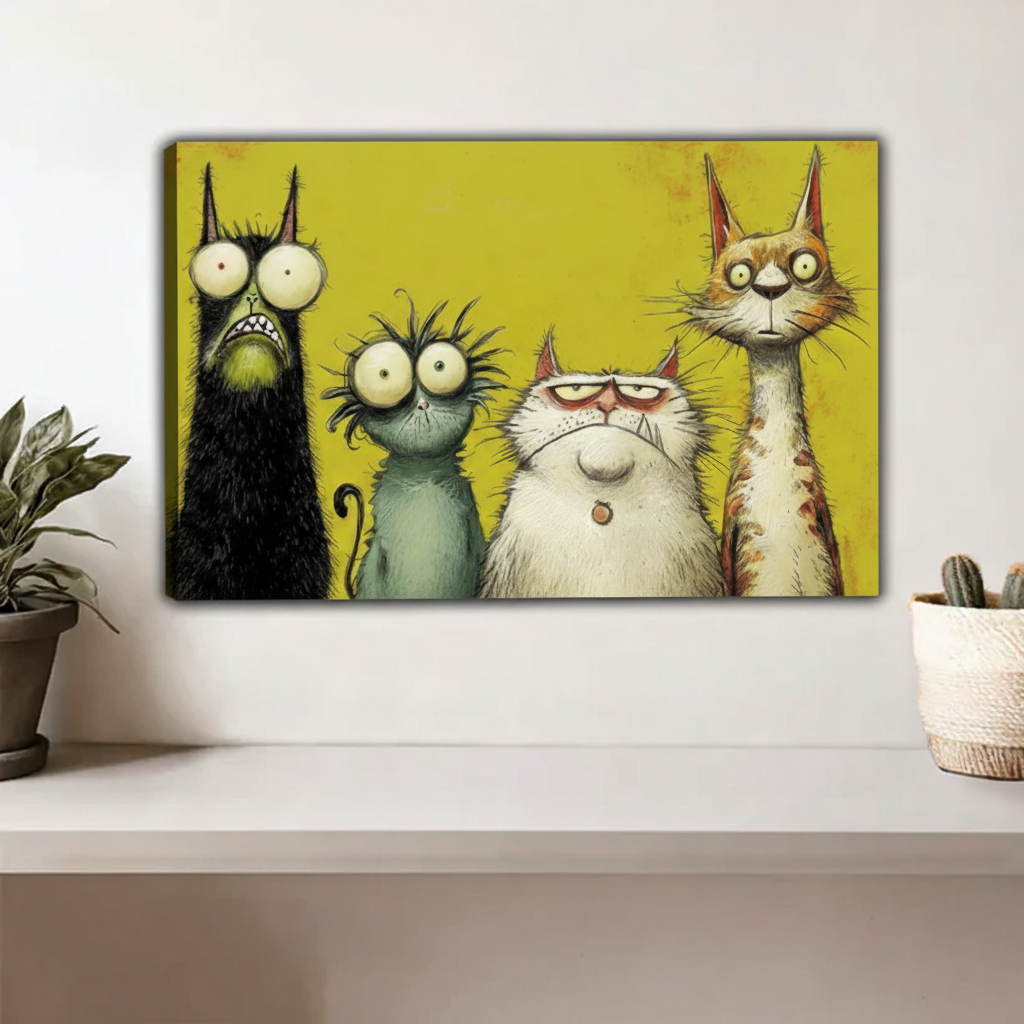 Four crazy cats cartoon framed wall art print — bold quirky illustration on yellow background for living room decor