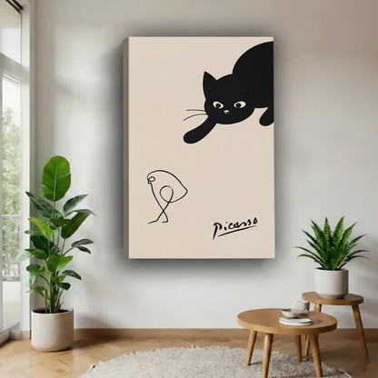 Minimalist black cat and Picasso bird gallery-wrapped canvas art — frameless print, elegant line art for contemporary home decor