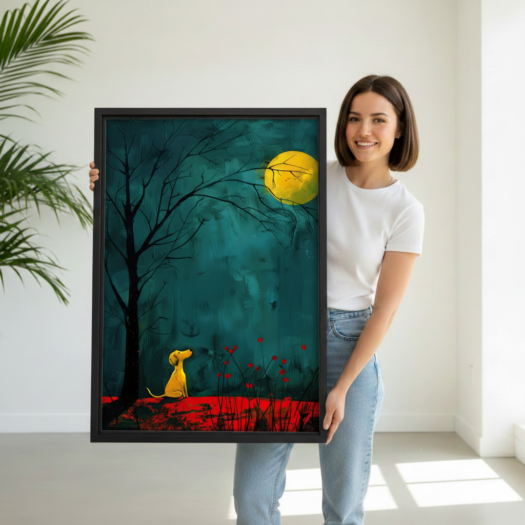 Woman pointing at lonely dog moonlit night canvas wall art – black frame moody illustration in hallway