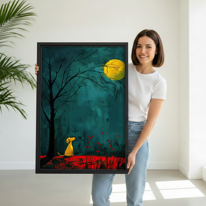 Woman pointing at lonely dog moonlit night canvas wall art – black frame moody illustration in hallway