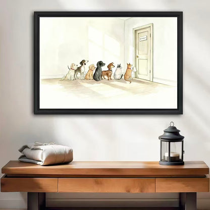 Funny pets waiting in line bathroom door watercolor framed canvas wall art