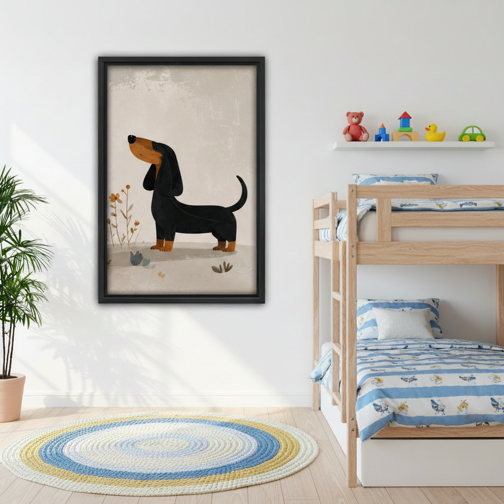 Whimsical dachshund wall art print in children bedroom, cute dog canvas decor for kids room