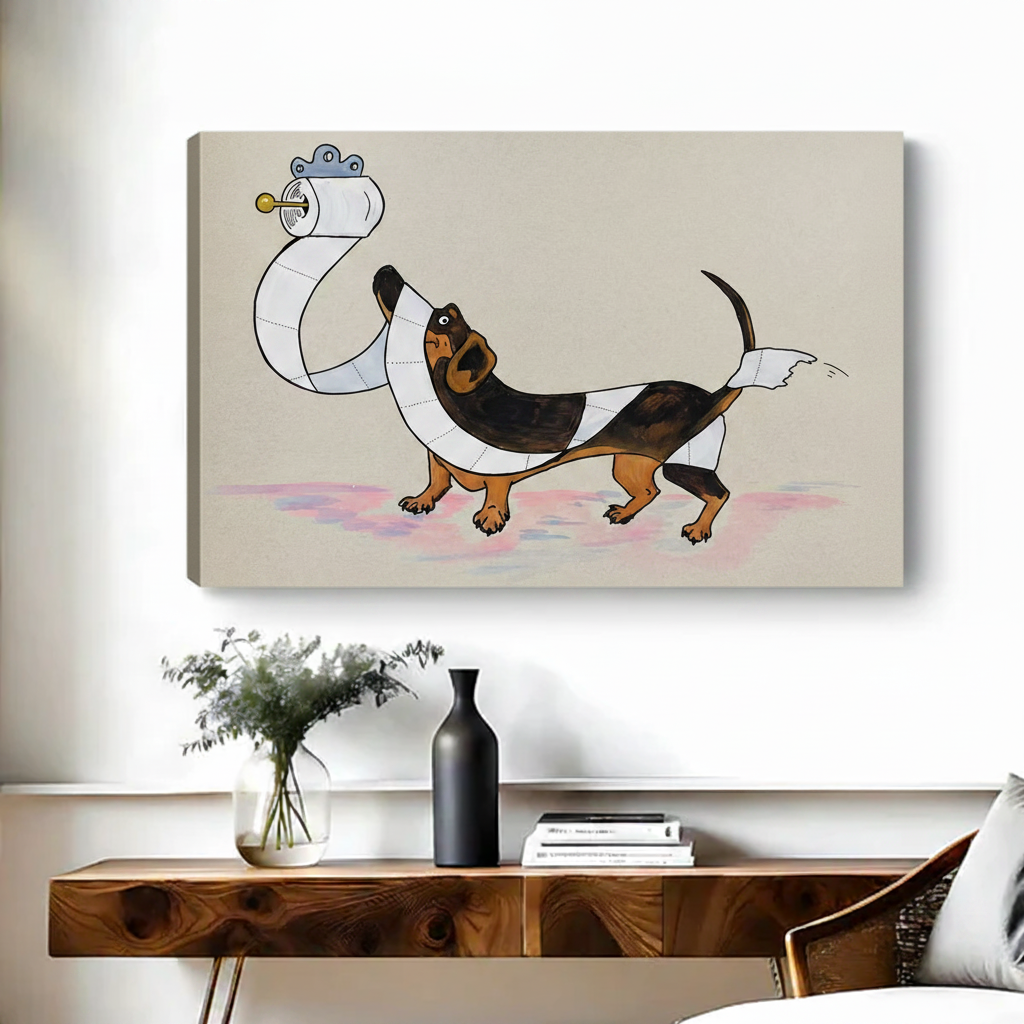 Humorous dachshund toilet paper gallery wrap canvas print funny dog wall art