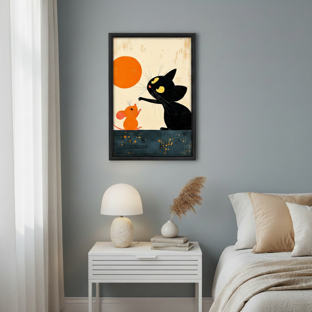 Folk art black cat wall art in black frame above bedside table in cozy bedroom interior