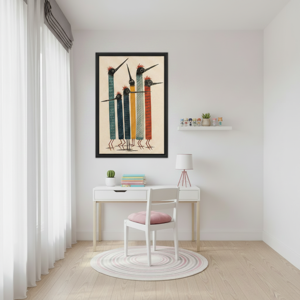 Vibrant flock wall art print, five quirky folk art birds with red crests, unique home decor