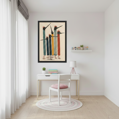 Vibrant flock wall art print, five quirky folk art birds with red crests, unique home decor