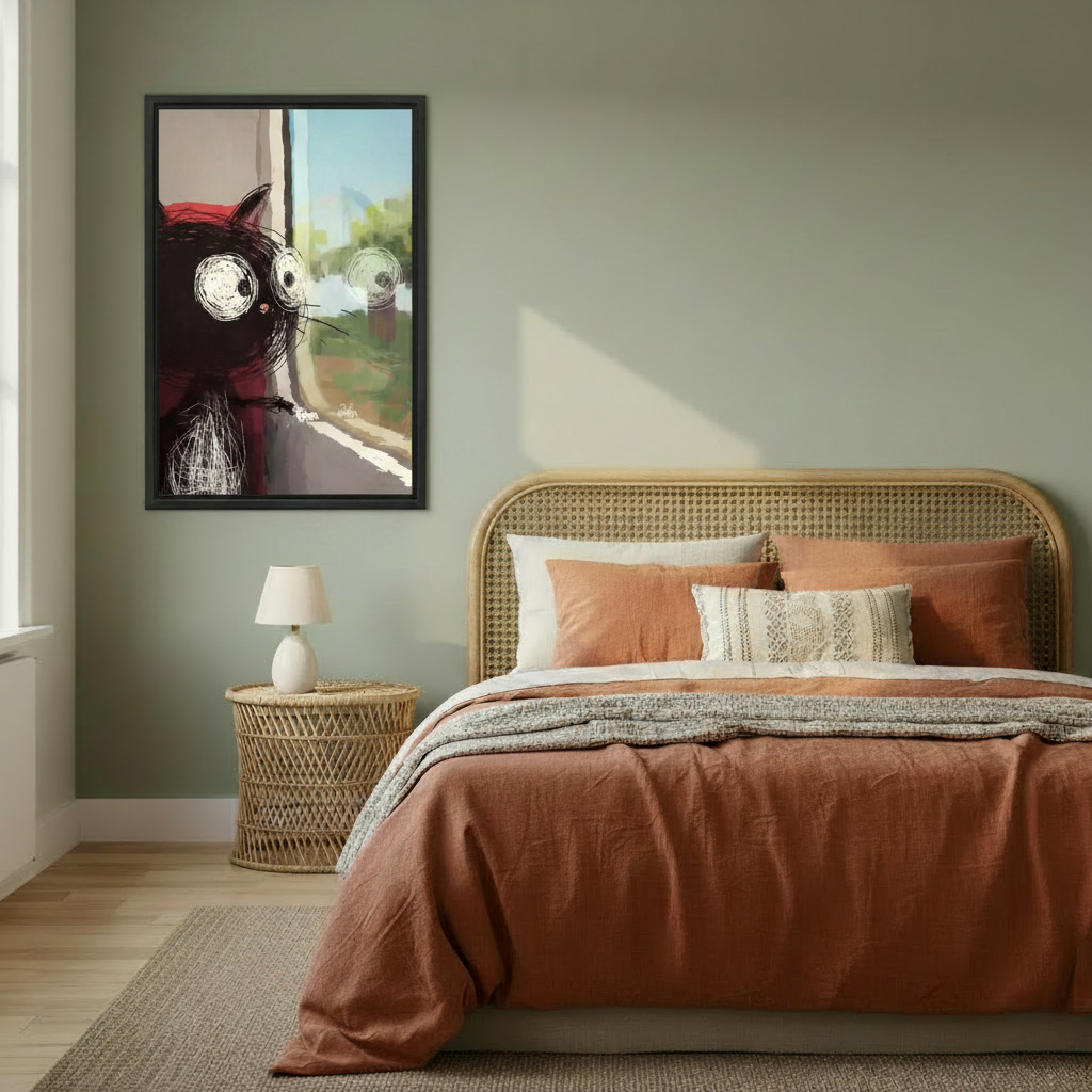 Curious black cat peeking window sketch framed canvas print above a bed — charming illustrated cat wall art for bedroom decor