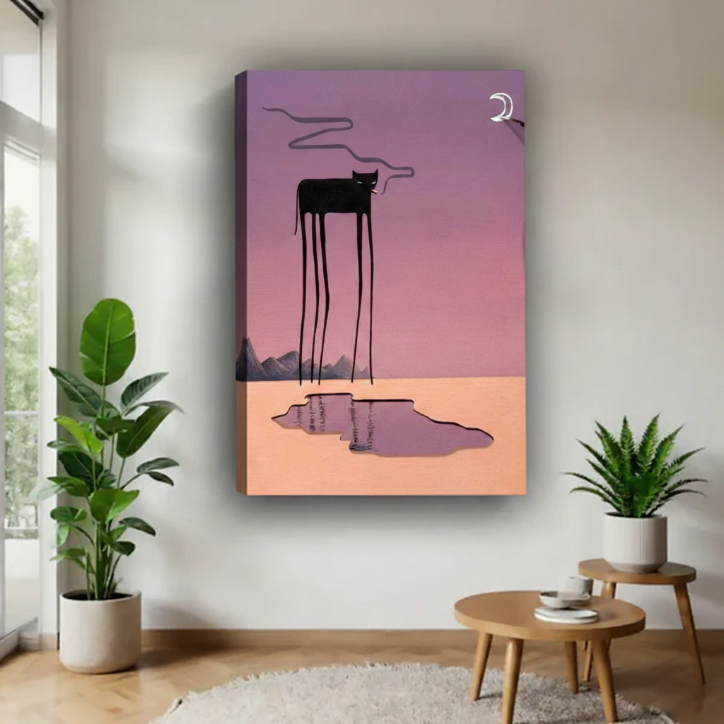 Moody black cat moon night canvas print with water reflection — surrealist wall art for bedroom and living room decor