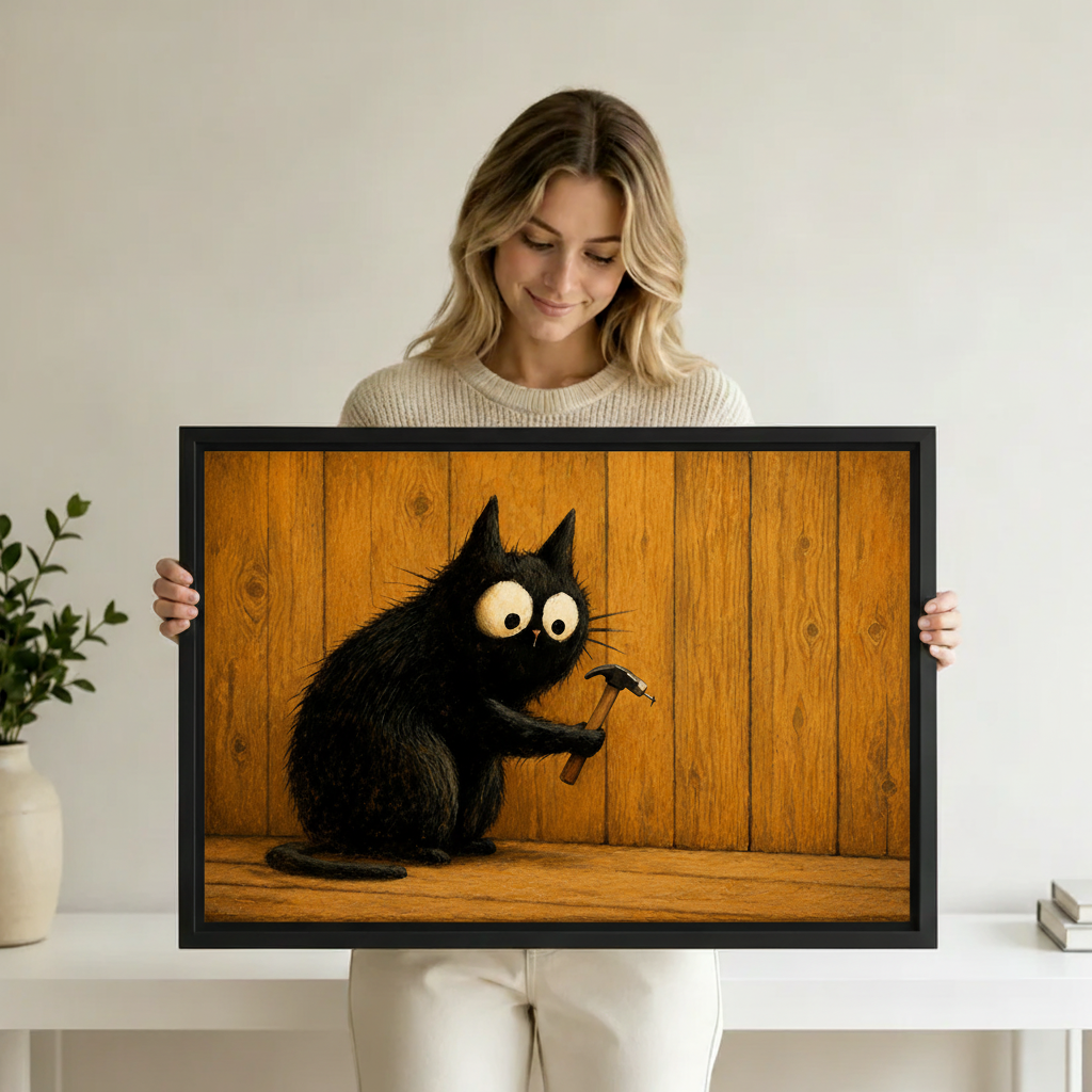 Whimsical black cat hammer canvas print in black frame – funny wall art for modern home decor
