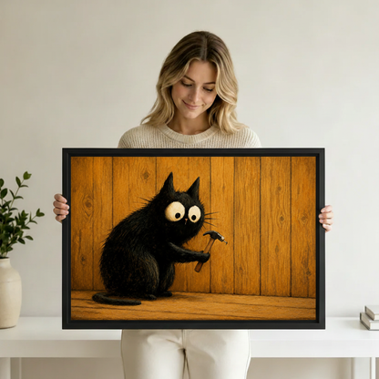 Whimsical black cat hammer canvas print in black frame – funny wall art for modern home decor