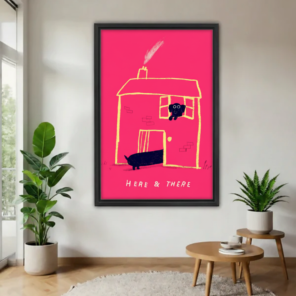 Here & There dachshund house illustration framed canvas wall art — bold pink background with yellow sketch-style home and two black dogs