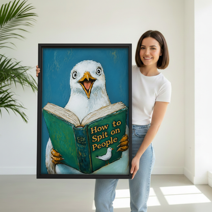 Woman holding funny seagull reading book framed wall art print, humorous coastal home decor gift idea