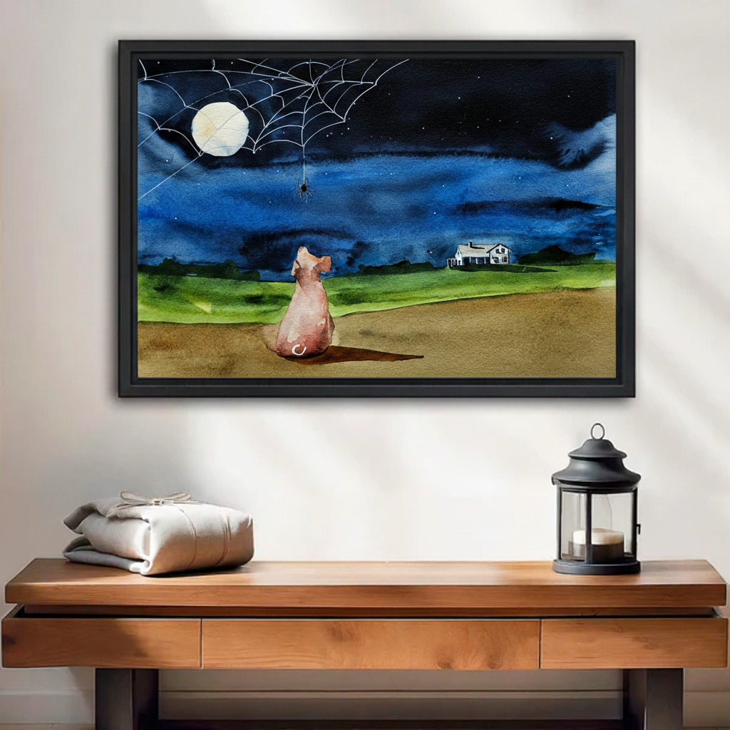 Watercolor dog night sky framed canvas wall art above entryway console, whimsical moon and spiderweb decor